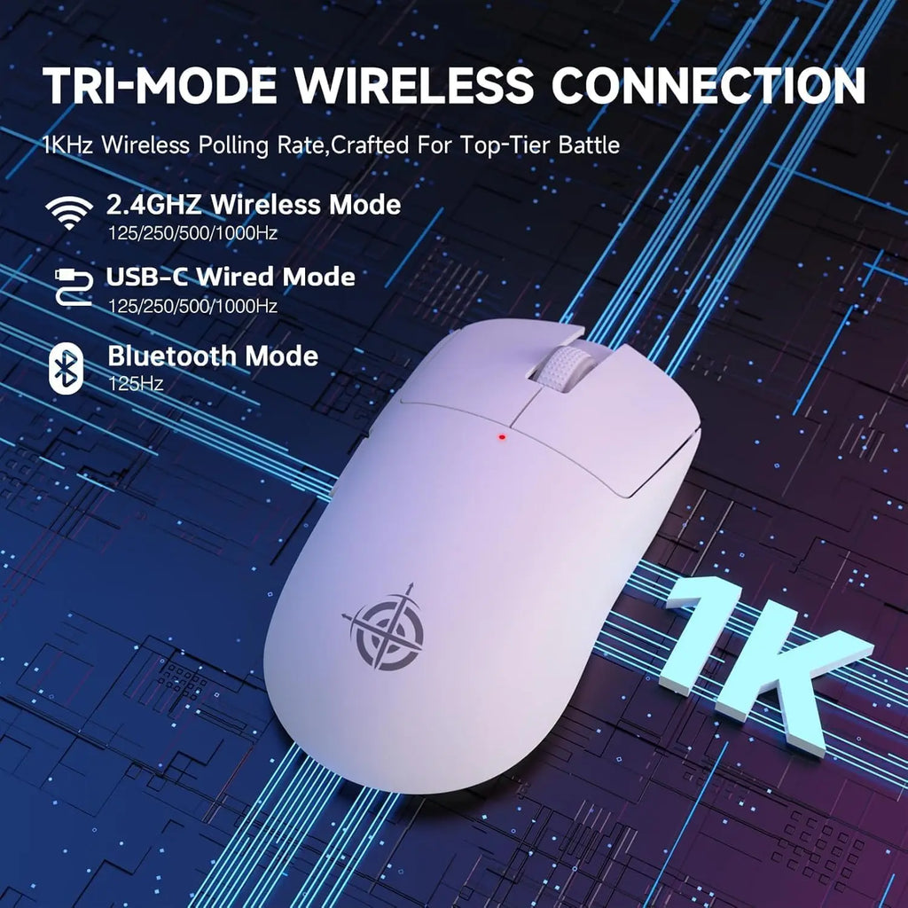 G6 Wireless Gaming Mouse, 24000 DPI Adjustable, 72g Lightweight Mouse, 1000Hz Polling Rate, Tir-Mode BT/2.4G/ Wired for Gamer/Office/PC/Mac
