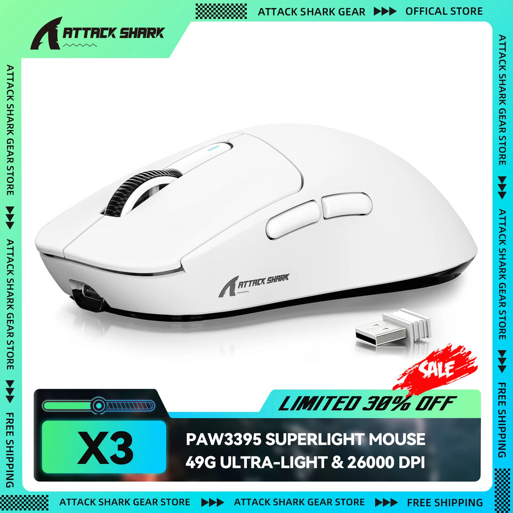 ATTACK SHARK X3 Wireless Gaming Mouse, PixArt PAW3395 Sensor, 26K DPI, 49g Ultralight, Tri-mode 2.4G/Bluetooth/Wired, for PC/MAC