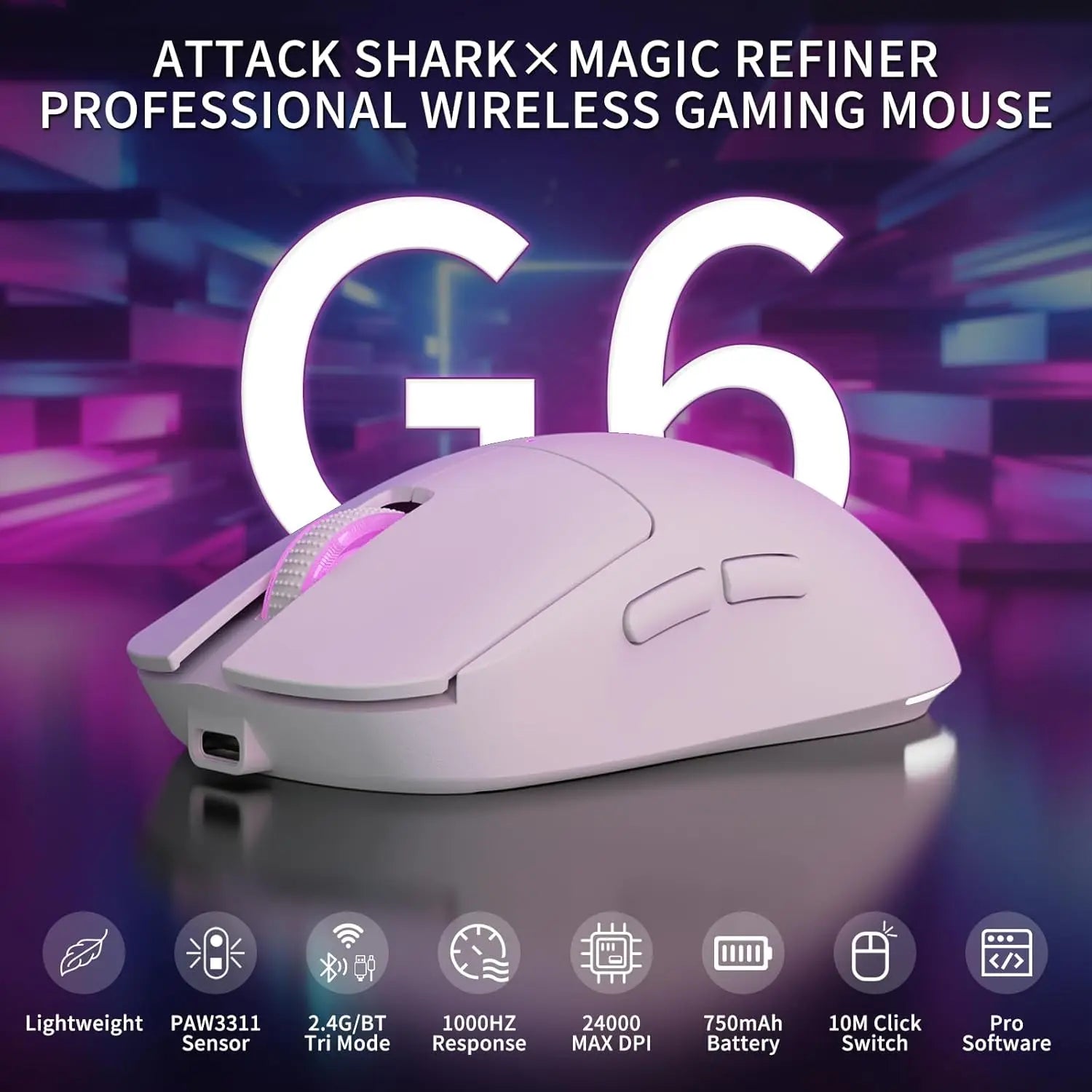 G6 Wireless Gaming Mouse, 24000 DPI Adjustable, 72g Lightweight Mouse, 1000Hz Polling Rate, Tir-Mode BT/2.4G/ Wired for Gamer/Office/PC/Mac
